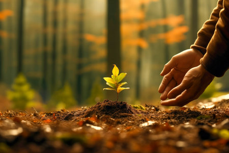 Close up hands next to a growing tree on autumn , earth day , ecology conceptの素材