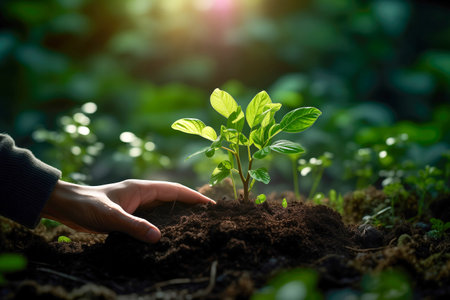 Close up male hands of farmer planting seedling in fertile soil in the gardenの素材