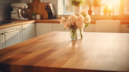 Empty Kitchen table with small flowers and copy space at sunsetの素材