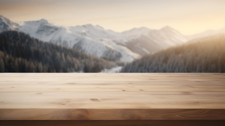 Wood table blurred mountains background, copy space for product promotionの素材