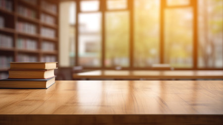 Empty wooden tabletop inside of library with books, copy space for product promotionの素材