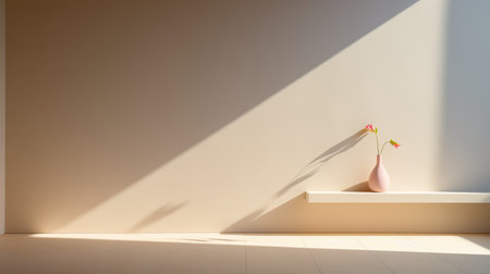 Abstract beige studio background for product presentation. Empty room with shadows of window and flowers. 3d room with copy space. Summer concert.の素材