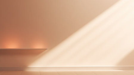 Minimalistic abstract gentle light beige background for product presentation with light and intricate shadow from the windowの素材
