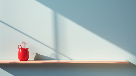 Neutral blue pastel colors wall with shelf with flowers in sunlight, Abstract blue studio background for product presentation, Empty room with shadows of windowの素材