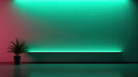 Neon colorful vivid wall with palm tree, copy text for product presentation, copy space for text, green and purple colorsの素材