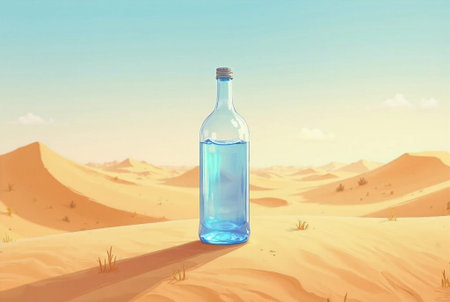 Bottle of water in the desert. 3D illustration. Vintage style.の素材