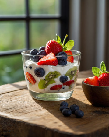 Greek yogurt with fresh berries and mint in glass bowl on wooden tableの素材