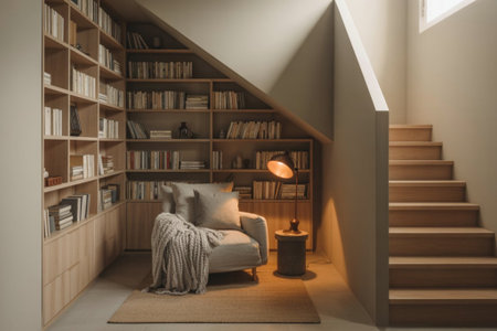 Interior of modern living room with bookshelf and armchairの素材