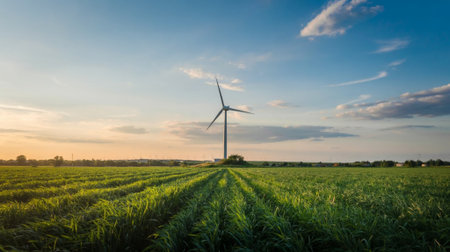 An image of wind turbines in a cornfield at sunset. Beautiful landscapeの素材