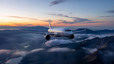 Airplane flying above clouds at sunset in the mountains. Landscape with airplaneの素材