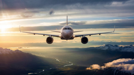 Airplane flying in the sky at sunset. Business travel concept.の素材