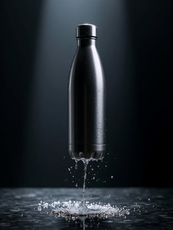 Plastic bottle of water with splashes on a black background.の素材