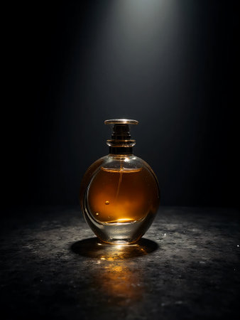 bottle of perfume on a dark background with light from the sideの素材