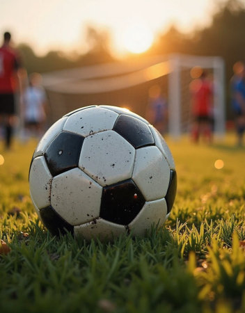 Soccer ball on green grass with blurred players in the background.の素材