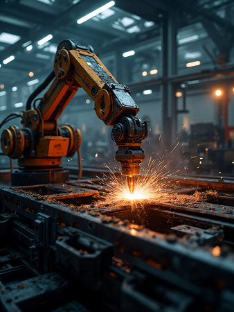 Industrial robot arm working with sparks in factory. Automotive industry conceptの素材