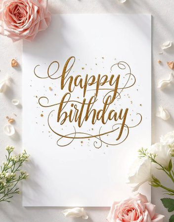 Happy Birthday Greeting Card. Calligraphic Lettering on White Paper Background with Flowers. Flat Lay, Top Viewの素材