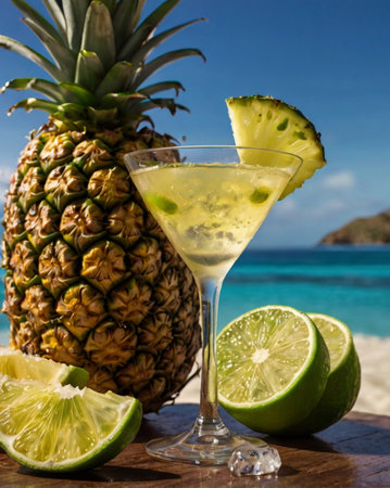 Cocktail with pineapple and lime on a tropical beach background.の素材