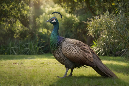 Peacock standing on a green grass in the garden with sunlightの素材