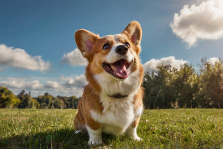 Cute Welsh Corgi Pembroke sitting on the grass in the parkの素材