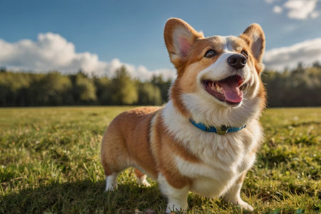 Welsh Corgi Pembroke stands on the grass in the parkの素材