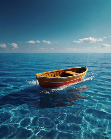 Fishing boat in the sea. 3D render of a boat.の素材