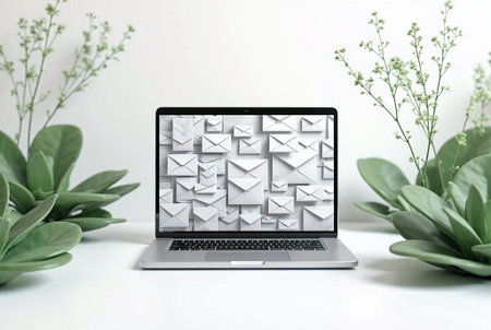 Laptop with paper envelopes on table against blurred background, closeupの素材