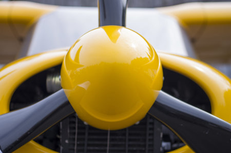 Front part of fuselage of a small light aircraft in black-and-yellow