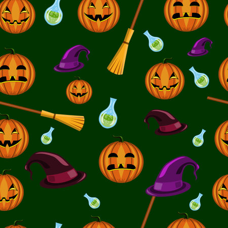 Halloween seamless pattern with pumpkins, witches hats and broomsのイラスト素材