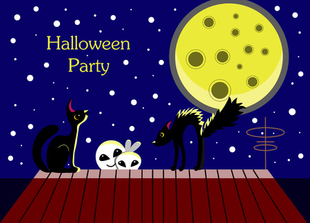 Halloween card with ghosts and a frightened cat. Moonlit Night. On the roof of the house. Starry sky.のイラスト素材