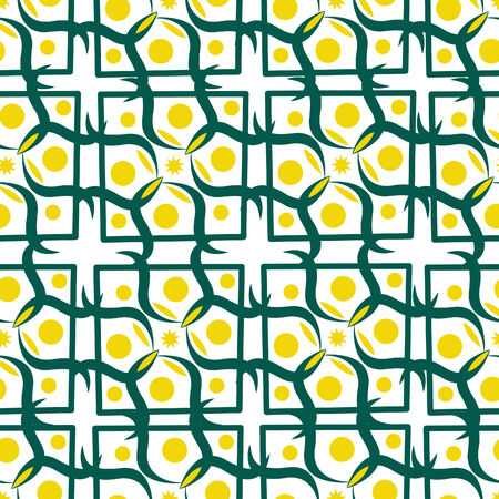 seamless pattern with yellow circle, diamond-shaped ornament, retro style.のイラスト素材
