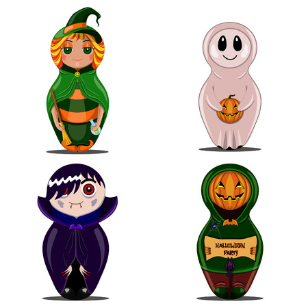 Halloween set with witch dolls, vampire, pumpkin and ghostのイラスト素材