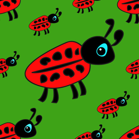 seamless pattern with children\'s drawings ladybug on a green backgroundのイラスト素材