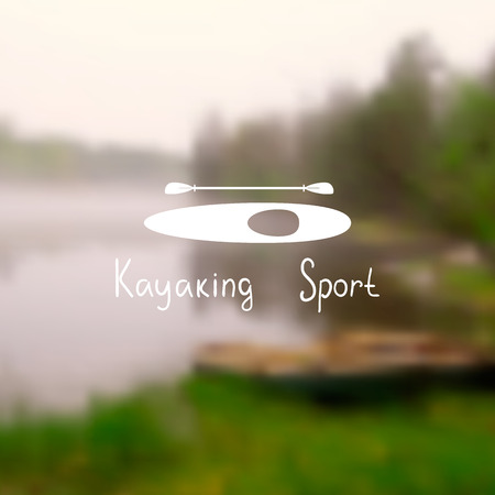 Silhouette of a kayak with a paddle on a postcard with a photo blurred. Text kayaking sport.のイラスト素材