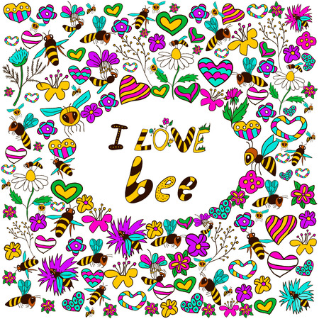 Doodle background with bees in various poses, with the text I love bees with different flowers. Vector illustration drawn in a doodle style.のイラスト素材