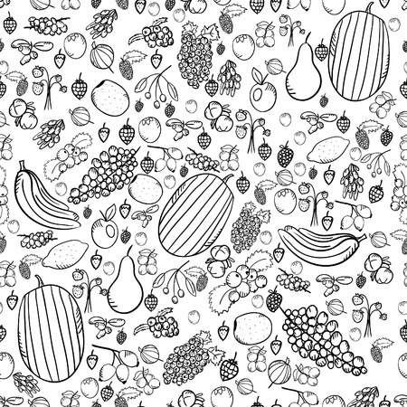 Seamless pattern with monochrome doodle fruits and berries on white background. Cute vector illustrationのイラスト素材
