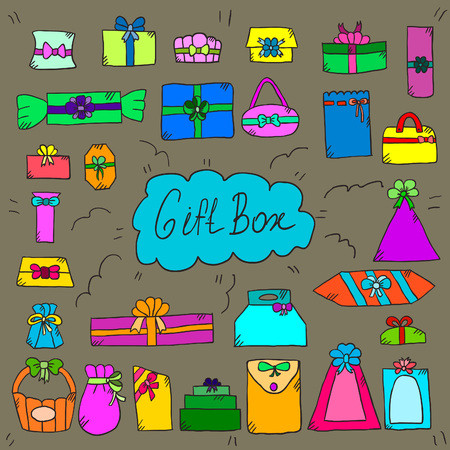 Set of doodle gift box color. Vector illustration.のイラスト素材