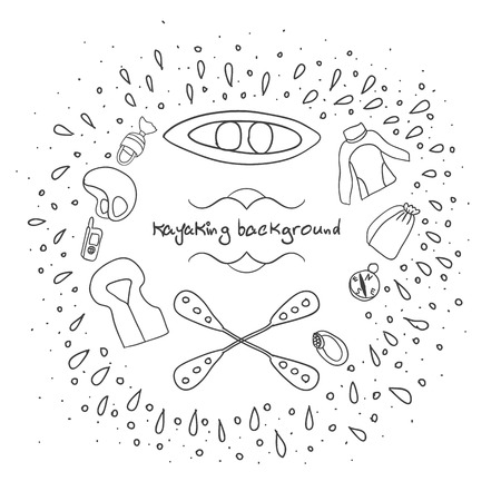 Doodle kayaking background with  vest, life ring, rafts,helmet.のイラスト素材