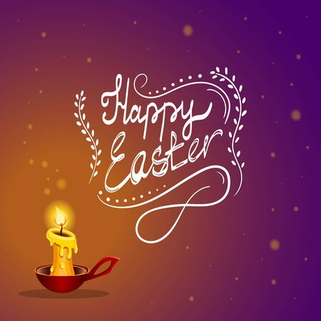 Happy Easter typographical gradient background a burning candle from which sparks fly away. Fairytale  Holiday illustration.のイラスト素材