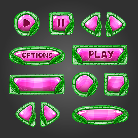 Cartoon pink  buttons with leaves. Game interface illustration.のイラスト素材