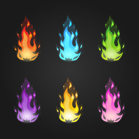Set magic fire in different colors. Game design illustration.のイラスト素材