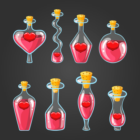 Set with different bottles of love potionのイラスト素材