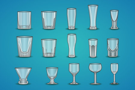 Big vector set of stemware. Transparent glass on a blue background.のイラスト素材