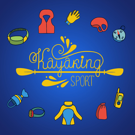 Kayaking background with vector icons. Illustration with kayak paddle jacket and helmet for extreme sport.のイラスト素材