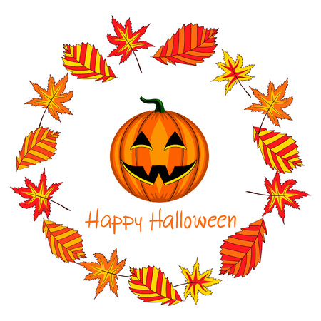 Card with Halloween pumpkin and foliage. Holiday illustrationのイラスト素材