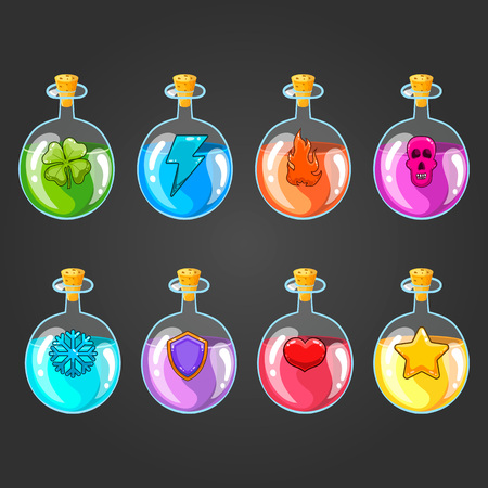 Big set of flasks with different poisons. Game design illustrationのイラスト素材