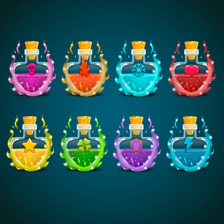 Big set with elixir different in magic smoke. Game design illustrationのイラスト素材