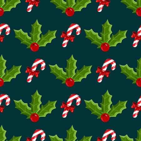 seamless pattern with mistletoe and Christmas candy. Christmas illustration.のイラスト素材
