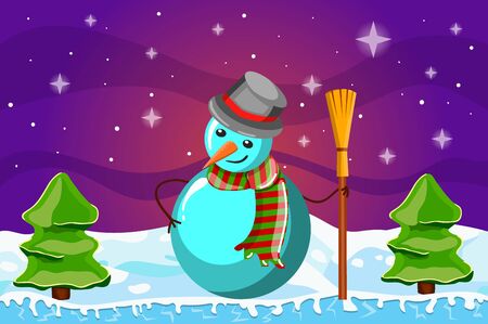 Winter landscape with Christmas tree and snowmanのイラスト素材
