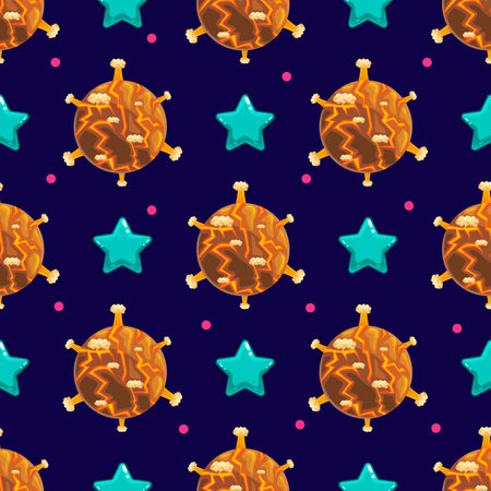 Seamless pattern with cartoon vector planet and starsの写真素材