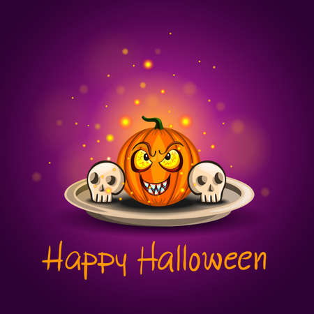 Card with Halloween skull and scary pumpkinのイラスト素材